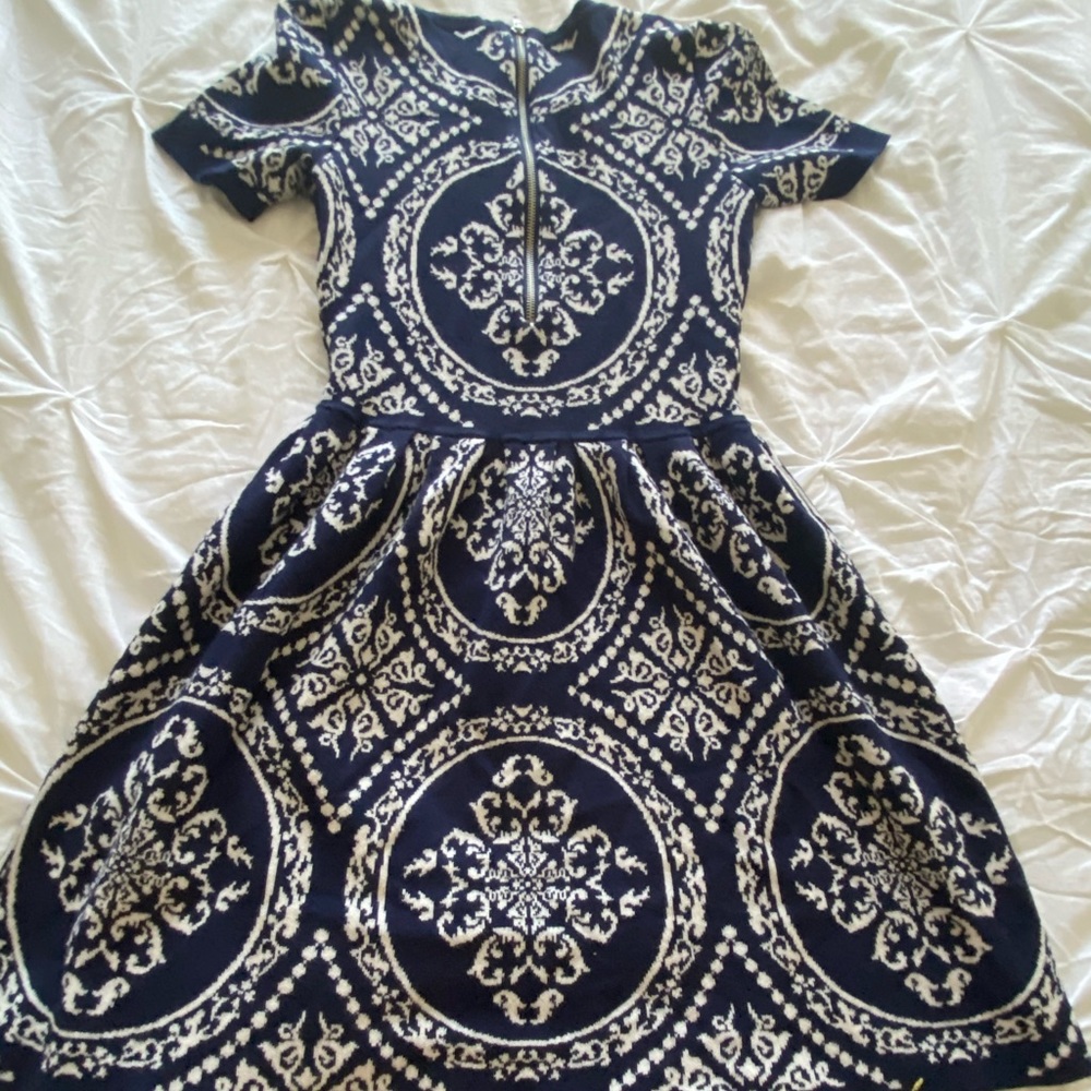 Blue Dress with Printed White Crest Design